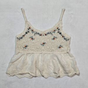 🌿Summer Bohemian Knitted Tank Top, cropped. Embroidered, crochet, size S/M